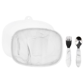 Bumkins - Silicone Grip Tray, Fork & Spoon & Lid - For Ages 18 Months+ - Suction Base - 100% Food-Safe Silicone - Oven, Microwave, Freezer, & Dishwasher Safe - Marble