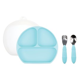 Bumkins - Silicone Grip Dish 3-Section, Fork & Spoon & Lid - For Ages 18 Months+ - Suction Base - 100% Food-Safe Silicone - Oven, Microwave, Freezer, & Dishwasher Safe - Blue