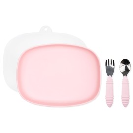 Bumkins - Silicone Grip Tray, Fork & Spoon & Lid - For Ages 18 Months+ - Suction Base - 100% Food-Safe Silicone - Oven, Microwave, Freezer, & Dishwasher Safe - Pink