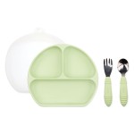 Bumkins - Silicone Grip Dish 3-Section, Fork & Spoon & Lid - For Ages 18 Months+ - Suction Base - 100% Food-Safe Silicone - Oven, Microwave, Freezer, & Dishwasher Safe - Green