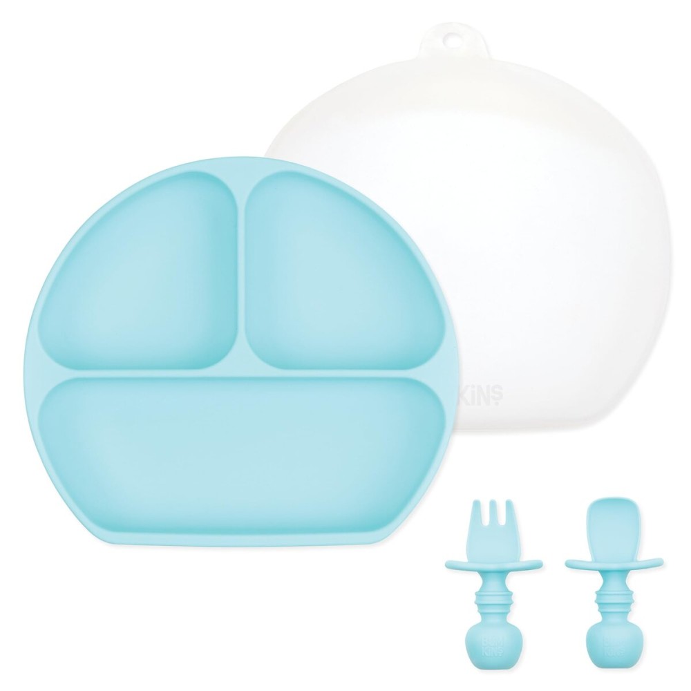 Bumkins - Silicone Grip Dish 3-Section, Training Chewtensils & Lid - For Ages 6 Months+ - Suction Base - 100% Food-Safe Silicone - Oven, Microwave, Freezer, & Dishwasher Safe - Blue