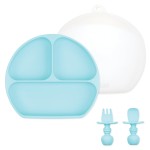 Bumkins - Silicone Grip Dish 3-Section, Training Chewtensils & Lid - For Ages 6 Months+ - Suction Base - 100% Food-Safe Silicone - Oven, Microwave, Freezer, & Dishwasher Safe - Blue