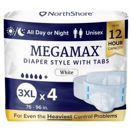 NorthShore MegaMax Adult Overnight Diapers, 12-Hour Tab-Style, 3X-Large, 4 Count Starter Pack, White, 76-96 inches, Unisex Incontinence Underwear