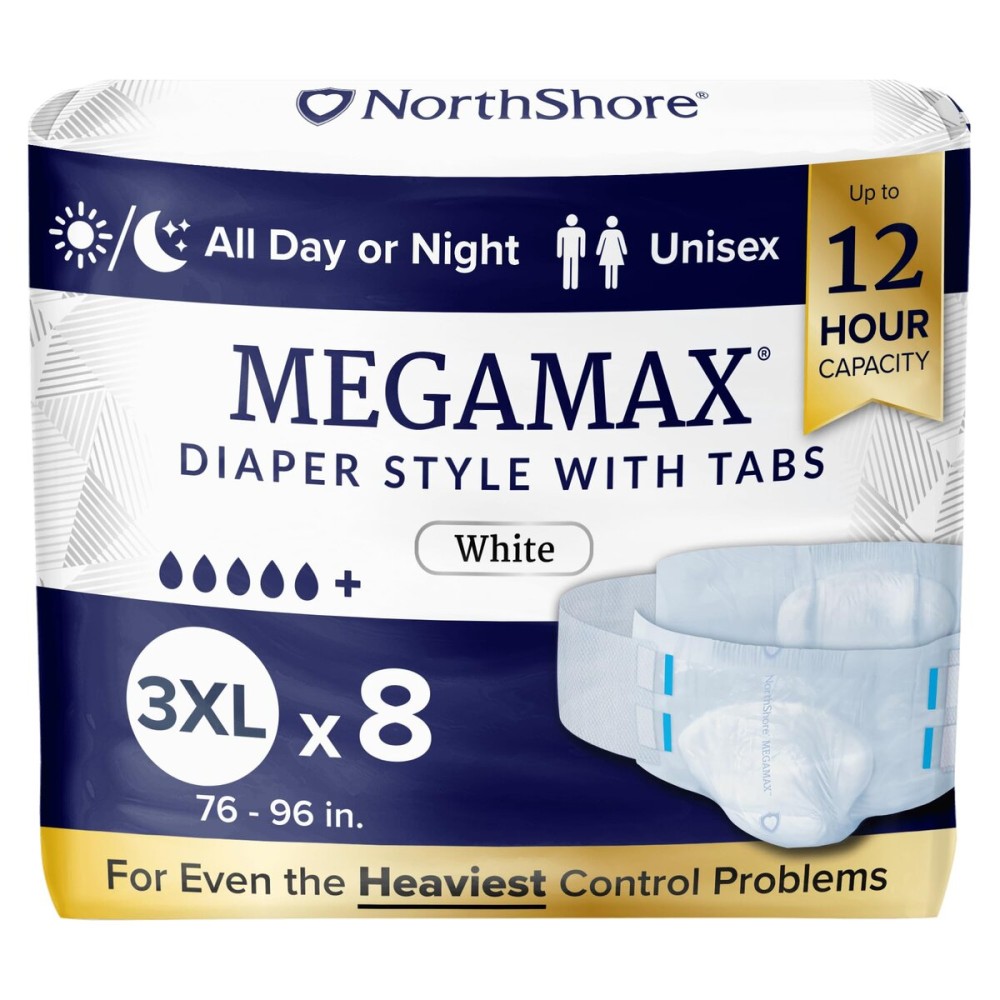 NorthShore MegaMax Adult Overnight Diapers, 12-Hour Tab-Style, 3X-Large, 8 Count Bag, White, 76-96 inches, Unisex Incontinence Underwear