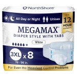 NorthShore MegaMax Adult Overnight Diapers, 12-Hour Tab-Style, 3X-Large, 8 Count Bag, White, 76-96 inches, Unisex Incontinence Underwear