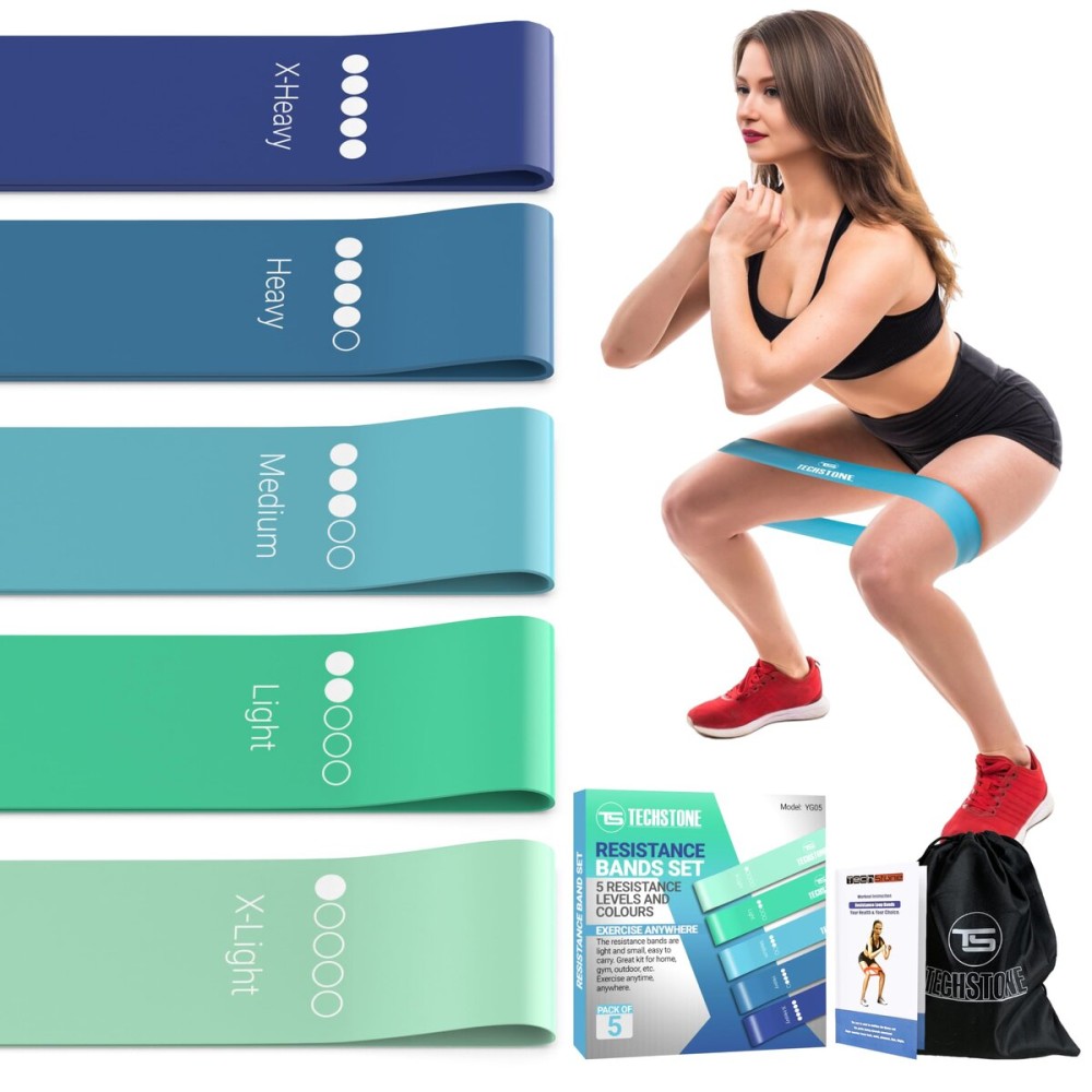 TechStone Resistance Bands Set for Men and Women, Pack of 5 Different Levels Elastic Band for Home Gym Long Exercise Workout - Great Fitness Equipment for Training, Yoga - Free Carrying Bag (Blue)