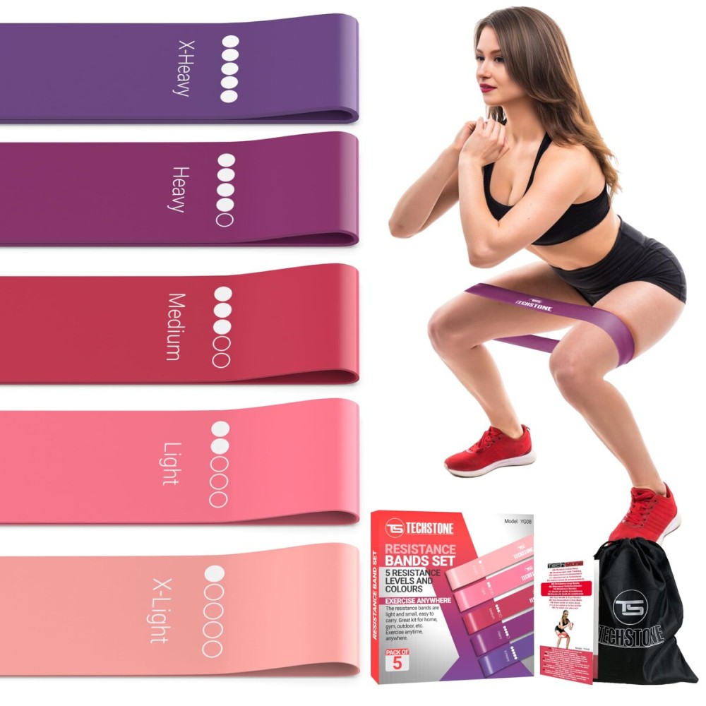 TechStone Resistance Bands Set for Men and Women, Pack of 5 Different Levels Elastic Band for Home Gym Long Exercise Workout - Great Fitness Equipment for Training, Yoga - Free Carrying Bag (Red)