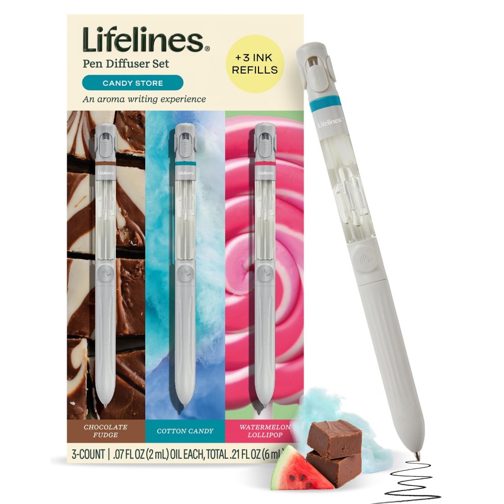 Lifelines Pen Diffuser Set, Candy Store 3-Pack - 1mm Black Ballpoint Pens with Scented Essential Oil Blends - Aromatherapy Diffuser & Sensory Immersion Diffuse Aroma As You Write