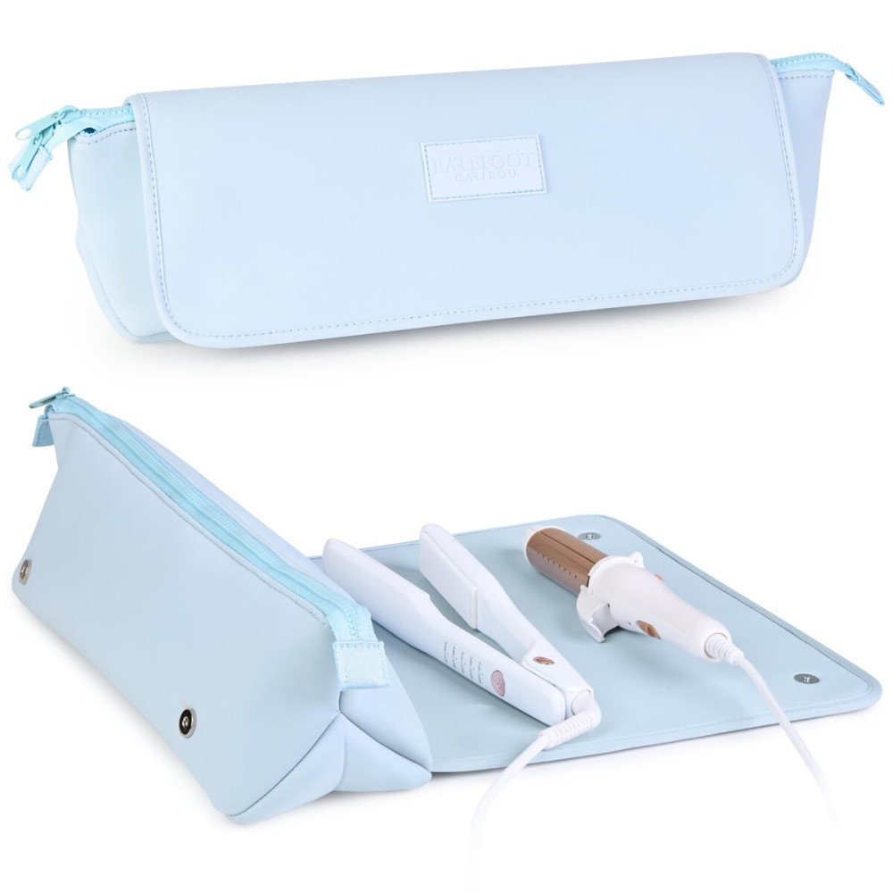 BAREFOOT CARIBOU Hair Tools Travel Bag and Heat Resistant Mat for Flat Irons, Straighteners, Curling Iron, and Haircare Accessories, 2-in-1 design, with Interior Pockets, Organizer (Baby Blue)