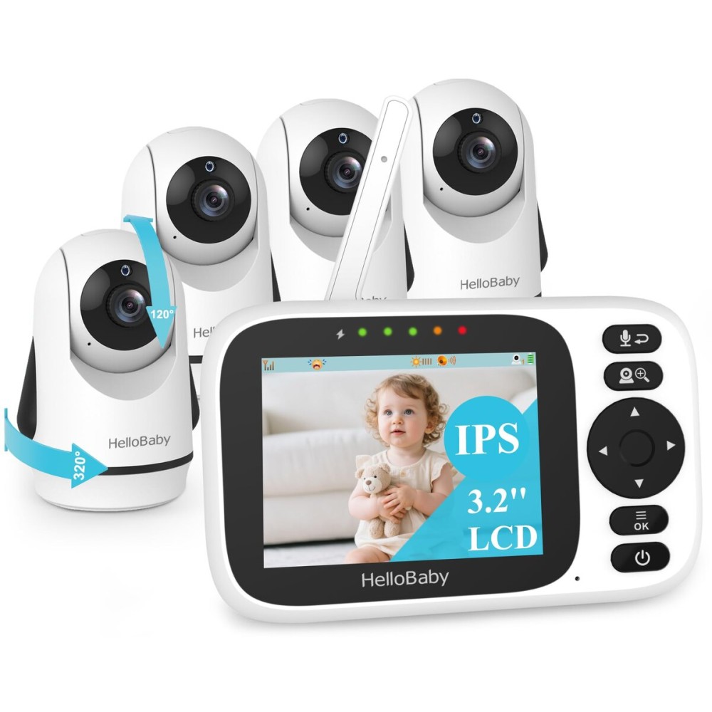 HelloBaby 3.2\'\' Baby Monitor 4 Cameras, Video Audio Baby Monitor No WiFi, Remote Pan-Tilt-Zoom, ECO, Night Vision, 2-Way Talk, 1000ft Range, 8 Lullabies and Temperature, for Parents and Babies