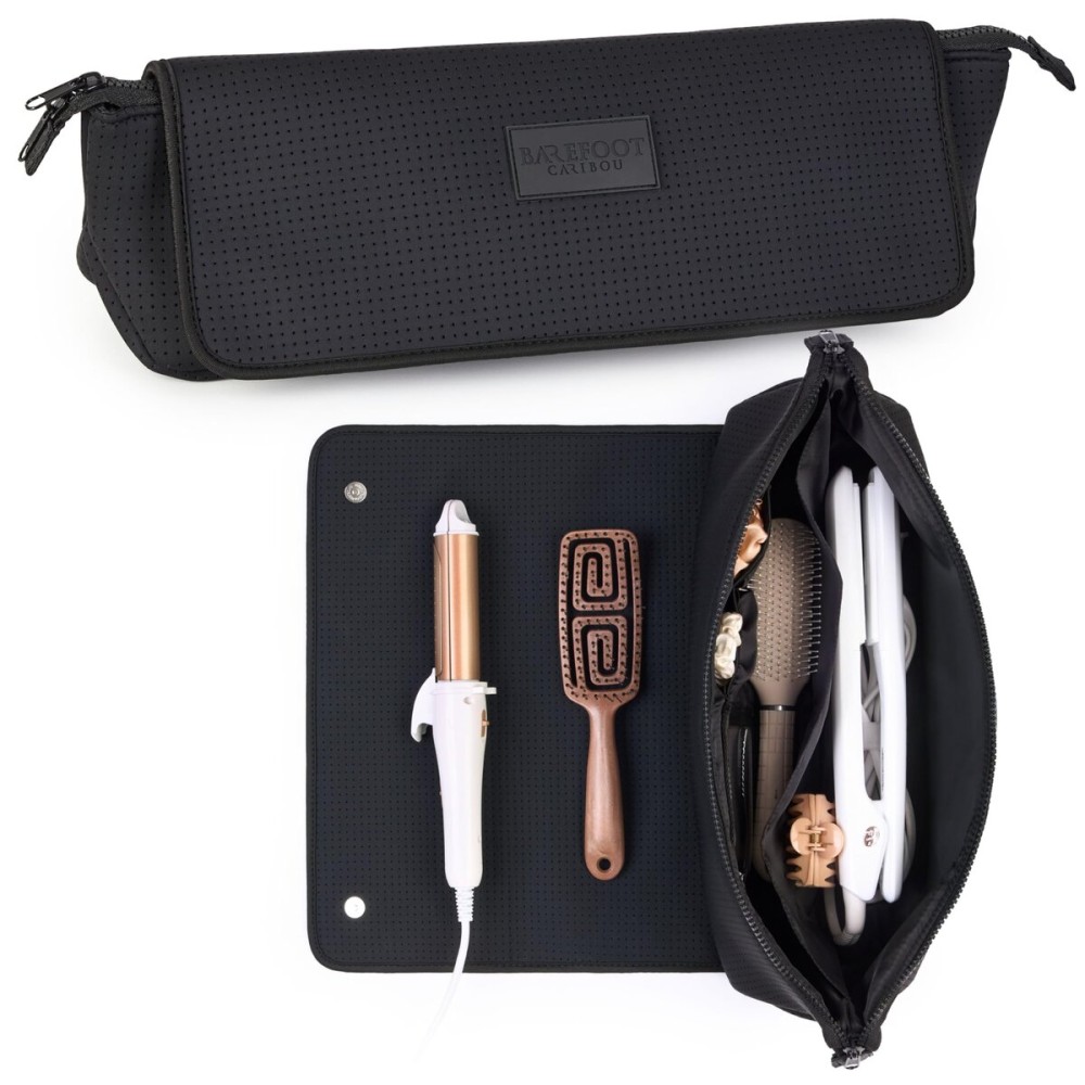 BAREFOOT CARIBOU Hair Tools Travel Bag and Heat Resistant Mat for Flat Irons, Straighteners, Curling Iron, and Haircare Accessories, 2-in-1 design, with Interior Pockets, Organizer (Mesh Black)