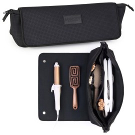 BAREFOOT CARIBOU Hair Tools Travel Bag and Heat Resistant Mat for Flat Irons, Straighteners, Curling Iron, and Haircare Accessories, 2-in-1 design, with Interior Pockets, Organizer (Mesh Black)