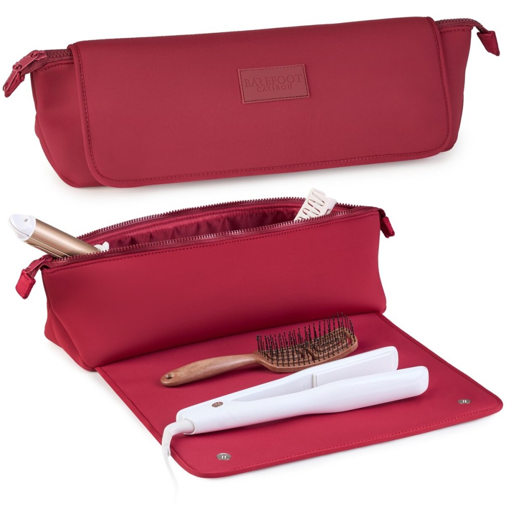 BAREFOOT CARIBOU Hair Tools Travel Bag and Heat Resistant Mat for Flat Irons, Straighteners, Curling Iron, and Haircare Accessories, 2-in-1 design, with Interior Pockets, Portable Organizer (Burgundy)