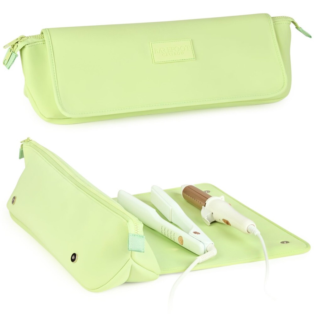 BAREFOOT CARIBOU Hair Tools Travel Bag and Heat Resistant Mat for Flat Irons, Straighteners, Curling Iron, and Haircare Accessories, 2-in-1 design, with Interior Pockets, Organizer (Apple Green)
