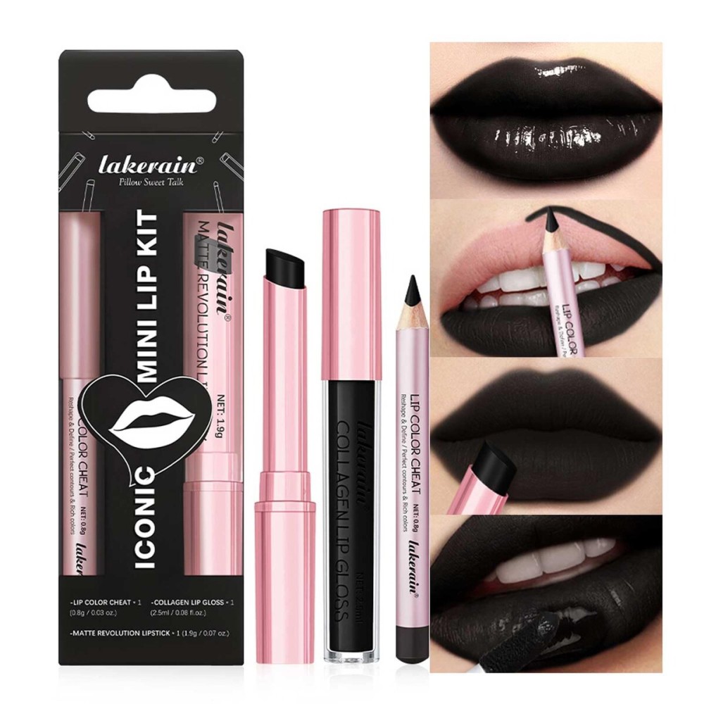 3PCS Black Lip Liner and Lipstick Set - Bold Matte Lipstick, Precision Liner & High-Shine Gloss for Gothic, Halloween, Cosplay & Editorial Looks - Long-Lasting, Smudge-Proof Lip Makeup Kit (Black)
