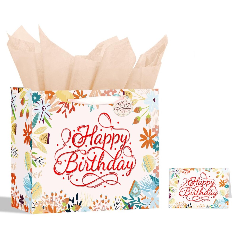 13 White Happy Birthday Gift Bag with Tissue Paper and Greeting Card for Patry, Happy Birthday Gift Bag for Women, Gift Bags Medium size(1 PCS Flower Gifts Bag)