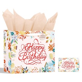 13 White Happy Birthday Gift Bag with Tissue Paper and Greeting Card for Patry, Happy Birthday Gift Bag for Women, Gift Bags Medium size(1 PCS Flower Gifts Bag)