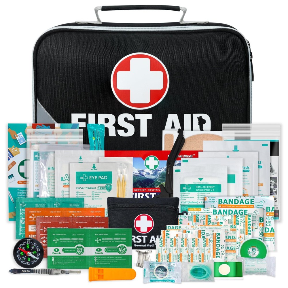 General Medi 2-in-1 First Aid Kit (215 Piece Set) + 43 Piece Mini First Aid Kit -Includes Ice(Cold) Pack, Moleskin Pad and Emergency Blanket for Travel, Home, Office, Car, Workplace(Black)