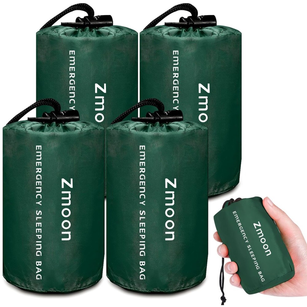 Zmoon Emergency Sleeping Bag Survival Bag, Portable Waterproof Thermal Bivy Sacks,Bivvy Bags,Camping Mylar Sleeping Bag Survival Gear Emergency Blankets Survival Shelter (Green Pack of 4)