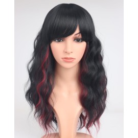 SYMEIW Burdundy-Black Hair Wavy Wigs With Bangs For Women Synthetic Black Hair With Red Undertones Wigs For Daily Use Everyday Wear.