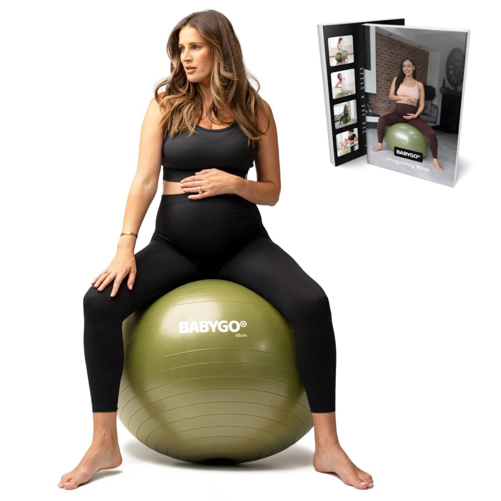 BABYGO Birthing Ball - Pregnancy Yoga Labor & Exercise Ball & Book Set Trimester Targeting, Maternity Physio, Birth & Recovery Plan Included Anti Burst Eco Friendly (Olive, 65cm)