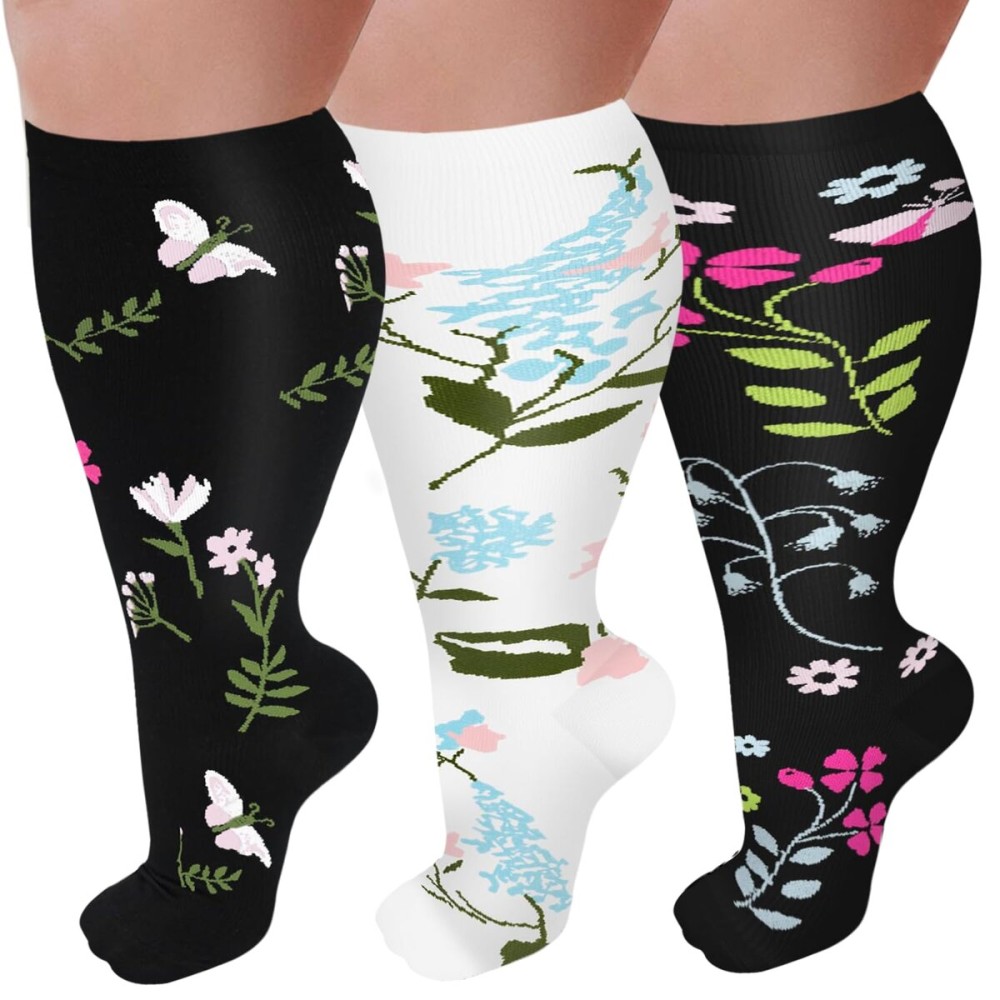 GET-FA 3 Pairs Plus Size Compression Socks for Women and Men Wide Calf 20-30mmhg Extra Large Knee High Support for Circulation