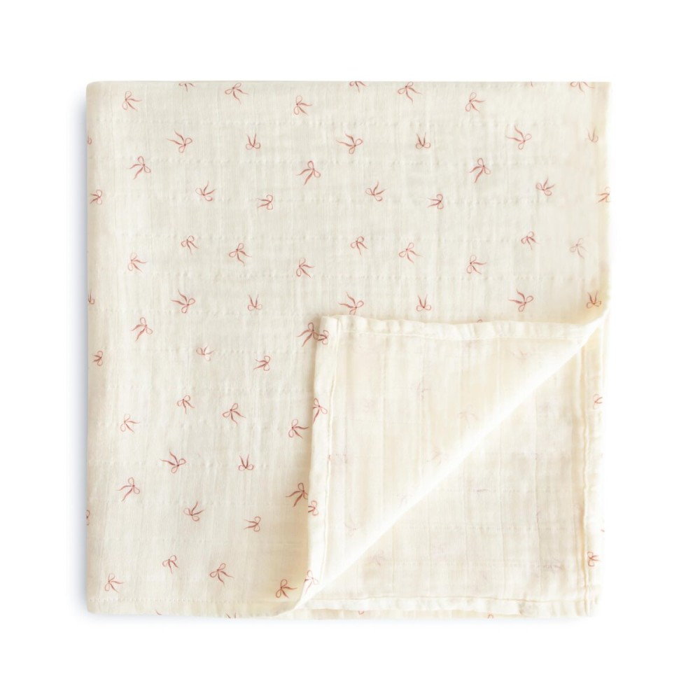 mushie Muslin Baby Swaddle Blanket | 100% Organic Cotton (Bows)