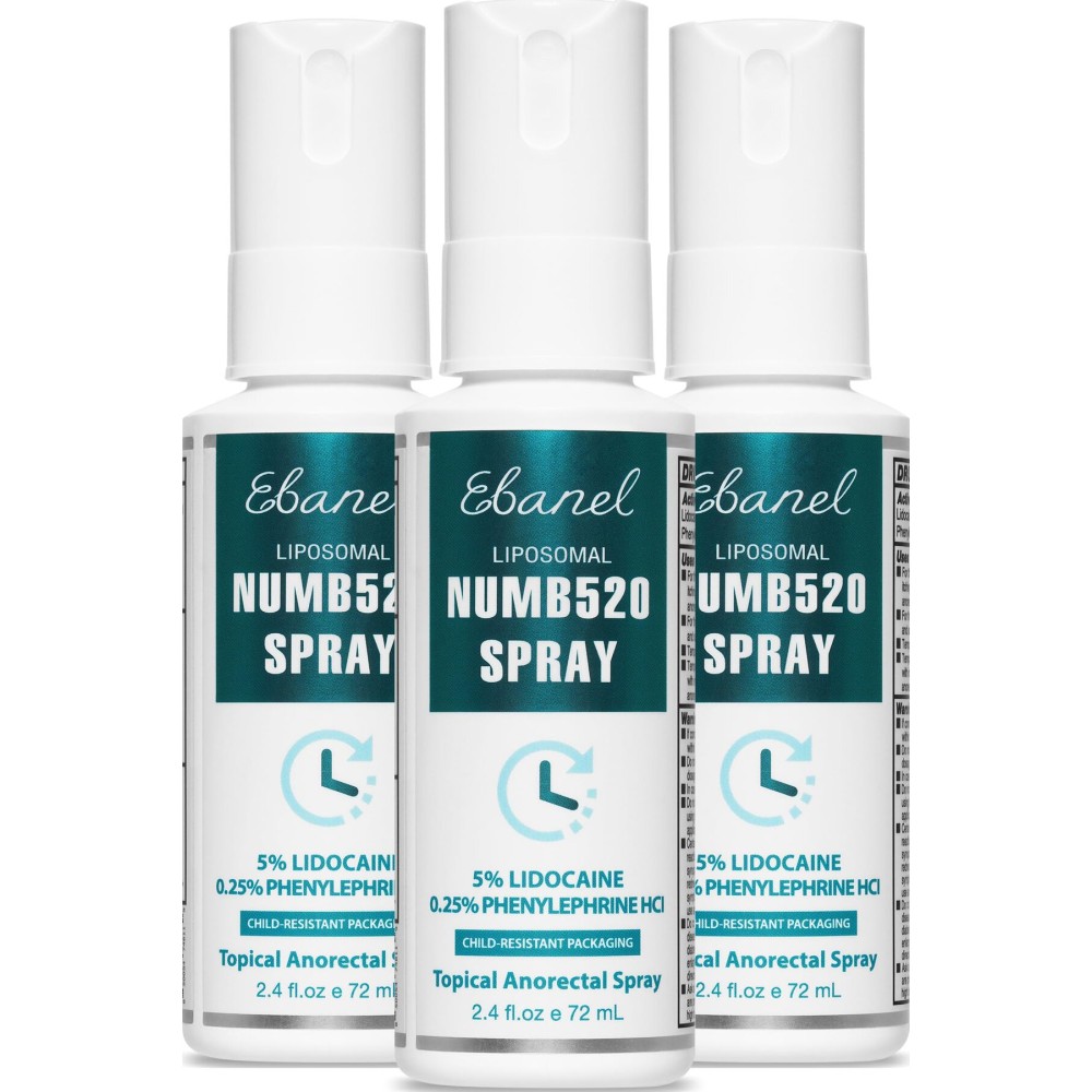 Ebanel 3-Pack 5% Lidocaine Spray Pain Relief Numb520 Burn Itch Relief Numbing Spray for Skin, Topical Anesthetic Postpartum Hemorrhoid Treatment with Phenylephrine for Local and Anorectal Uses