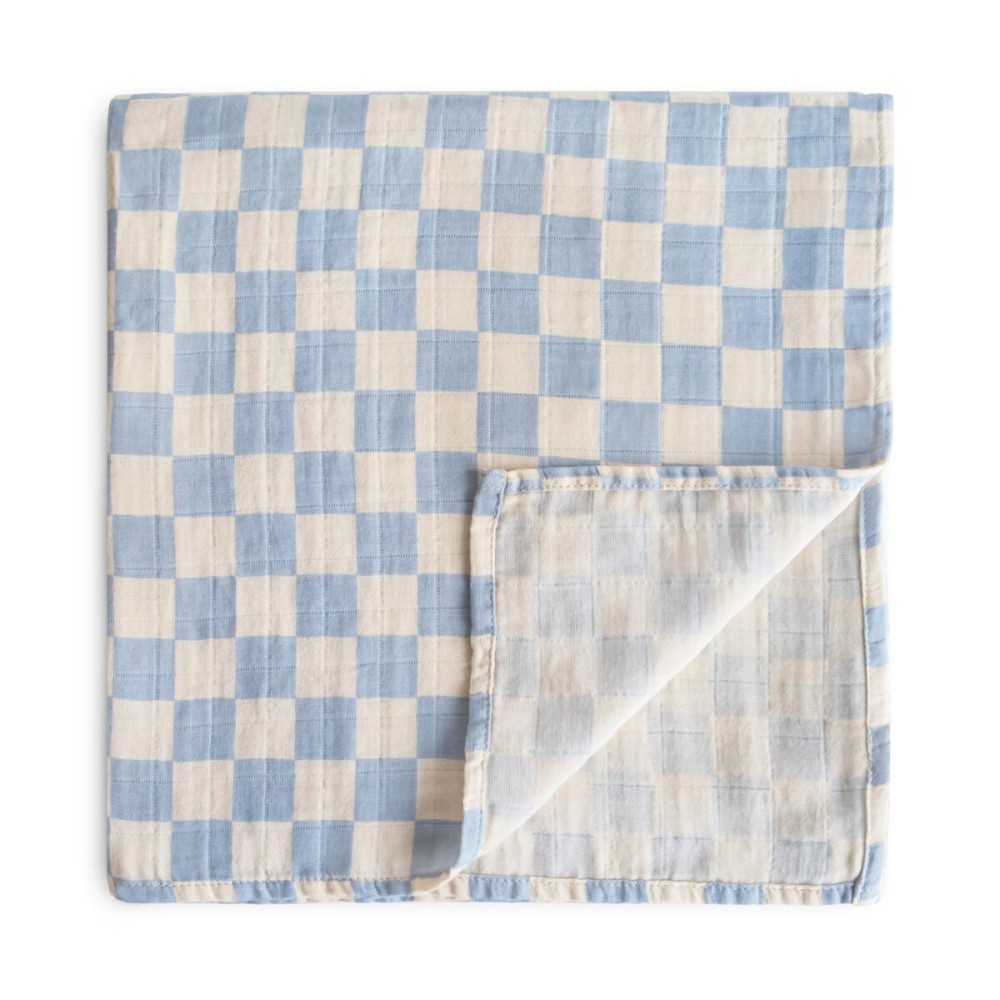 mushie Muslin Baby Swaddle Blanket | 100% Organic Cotton (Blue Check)