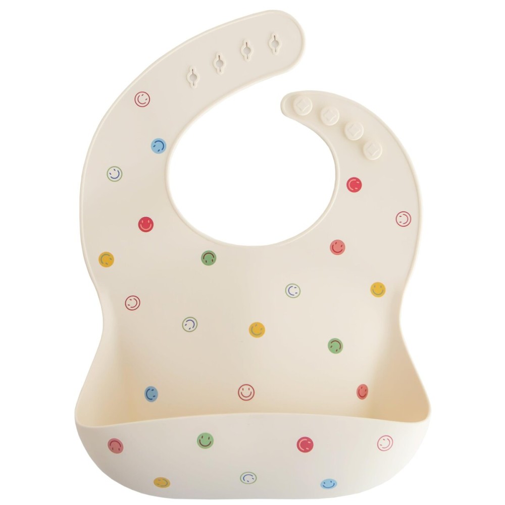 mushie Silicone Baby Bib | Adjustable Fit Waterproof Bibs (Smiley Face)