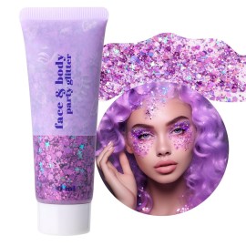 DAGEDA Purple Body Glitter Gel, Holographic Face Glitter Body Gel Rave Party Accessories, Chunky Glitters for Face Hair Nails, Cosmetic Laser Powder Festival Sequins Paint Makeup