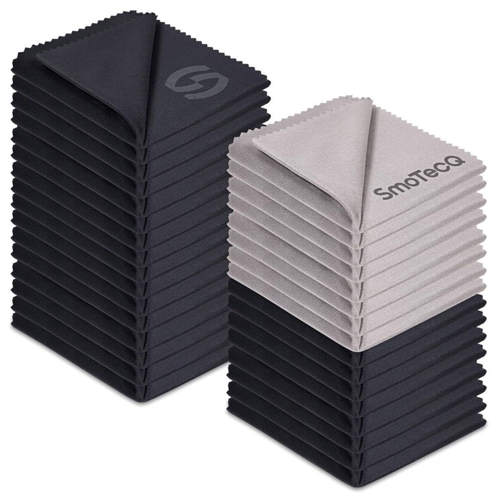 SmoTecQ 32 Pack Microfiber Lens Cleaning Cloths - Ultra-Soft, Scratch-Free Eyeglass Cloths for Glasses, Screens & Camera Lenses - Black + Grey (76 in)