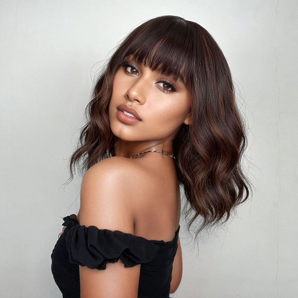 VCKOVCKO Short Bob Wigs Brown Mix Orange Wavy Wig With Air Bangs Women\'s Shoulder Length Curly Wavy Synthetic Cosplay Wig Brown Mix Orange for Girl (12, 8/30)