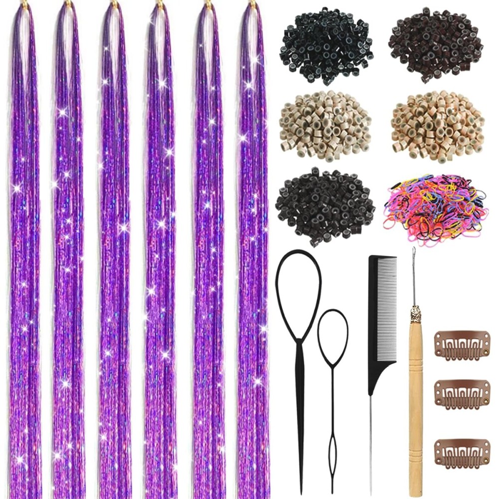Hair Tinsel, Hair Tinsel Kit for Girls 1800 Strands Fairy Tinsel Hair Extensions Holographic Hair Tinsel Heat Resistant Colored Hair Glitter Christmas Party Festival (Purple)
