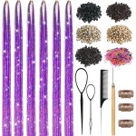 Hair Tinsel, Hair Tinsel Kit for Girls 1800 Strands Fairy Tinsel Hair Extensions Holographic Hair Tinsel Heat Resistant Colored Hair Glitter Christmas Party Festival (Purple)