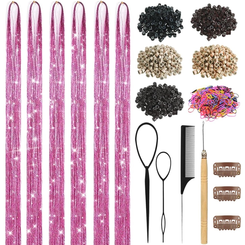 Hair Tinsel, Hair Tinsel Kit for Girls 1800 Strands Fairy Tinsel Hair Extensions Holographic Hair Tinsel Heat Resistant Colored Hair Glitter Christmas Party Festival (N/Pink)