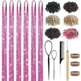 Hair Tinsel, Hair Tinsel Kit for Girls 1800 Strands Fairy Tinsel Hair Extensions Holographic Hair Tinsel Heat Resistant Colored Hair Glitter Christmas Party Festival (N/Pink)