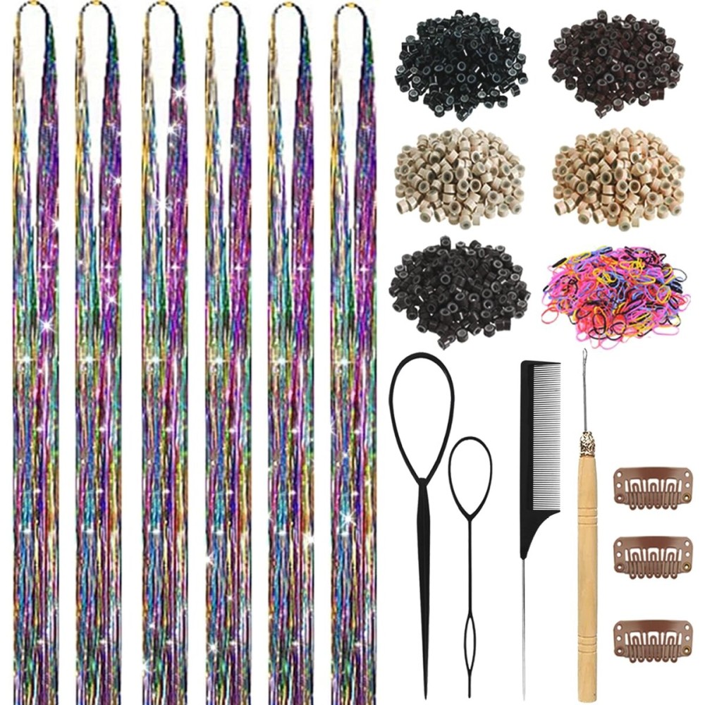 Hair Tinsel, Hair Tinsel Kit for Girls 1800 Strands Fairy Tinsel Hair Extensions Holographic Hair Tinsel Heat Resistant Colored Hair Glitter Christmas Party Festival (Rainbow Colors)