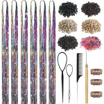 Hair Tinsel, Hair Tinsel Kit for Girls 1800 Strands Fairy Tinsel Hair Extensions Holographic Hair Tinsel Heat Resistant Colored Hair Glitter Christmas Party Festival (Rainbow Colors)