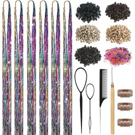 Hair Tinsel, Hair Tinsel Kit for Girls 1800 Strands Fairy Tinsel Hair Extensions Holographic Hair Tinsel Heat Resistant Colored Hair Glitter Christmas Party Festival (Rainbow Colors)