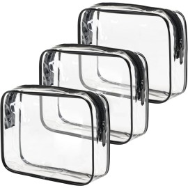 MODENGKONGJIAN TSA Approved Toiletry Bag, 3 Pcs Clear Toiletries Bags Quart Size Travel Makeup Cosmetic Bag for Women Men, Carry on Airport Airline Compliant Bag (Clear Black)