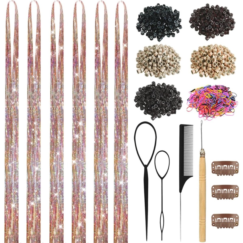 Hair Tinsel, Hair Tinsel Kit for Girls 1800 Strands Fairy Tinsel Hair Extensions Holographic Hair Tinsel Heat Resistant Colored Hair Glitter Christmas Party Festival (N/Gold-silver-pink)