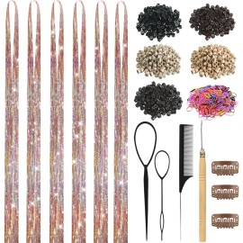 Hair Tinsel, Hair Tinsel Kit for Girls 1800 Strands Fairy Tinsel Hair Extensions Holographic Hair Tinsel Heat Resistant Colored Hair Glitter Christmas Party Festival (N/Gold-silver-pink)