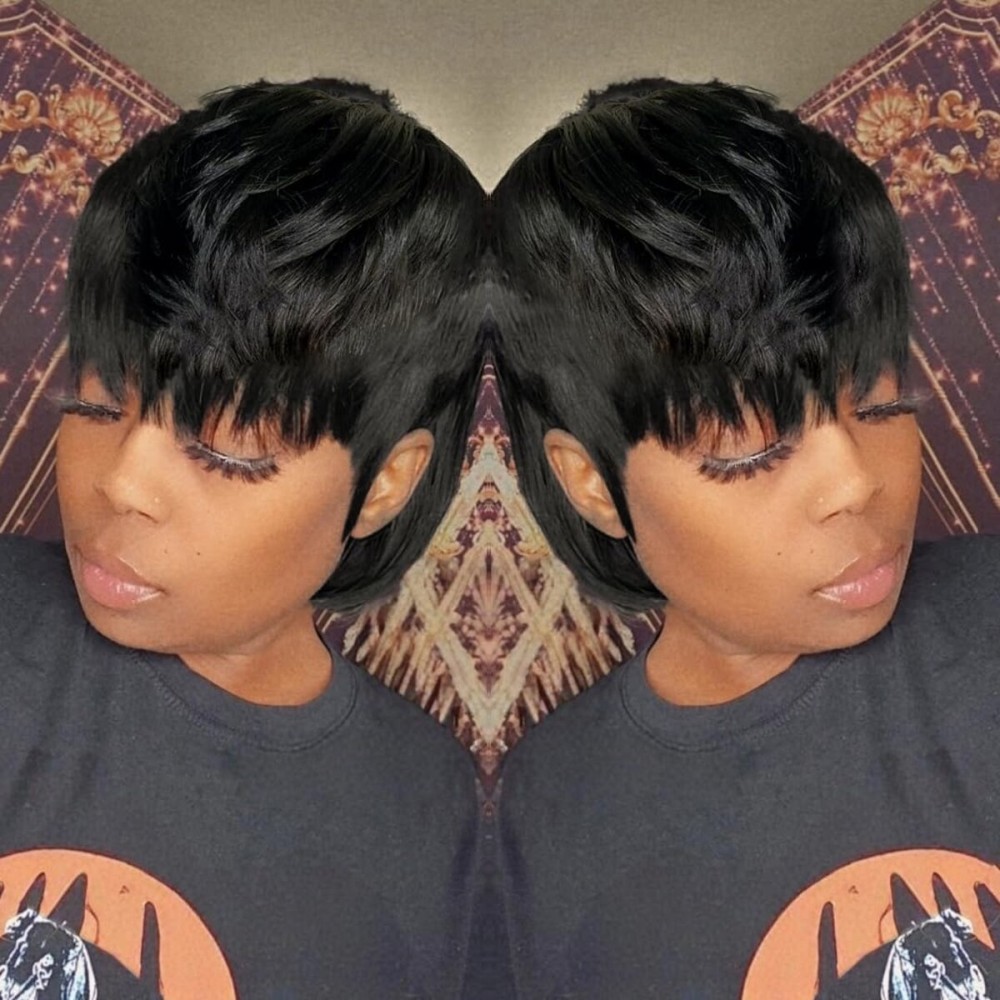 QiaQiaRing Mullet Human Hair Wigs for Black Women Mullet Short Layered Pixie Cut Bob Wigs With Bangs 8inch Natural Black Color Chic Elegent Glueless Brazilian Virgin Straight Human Hair