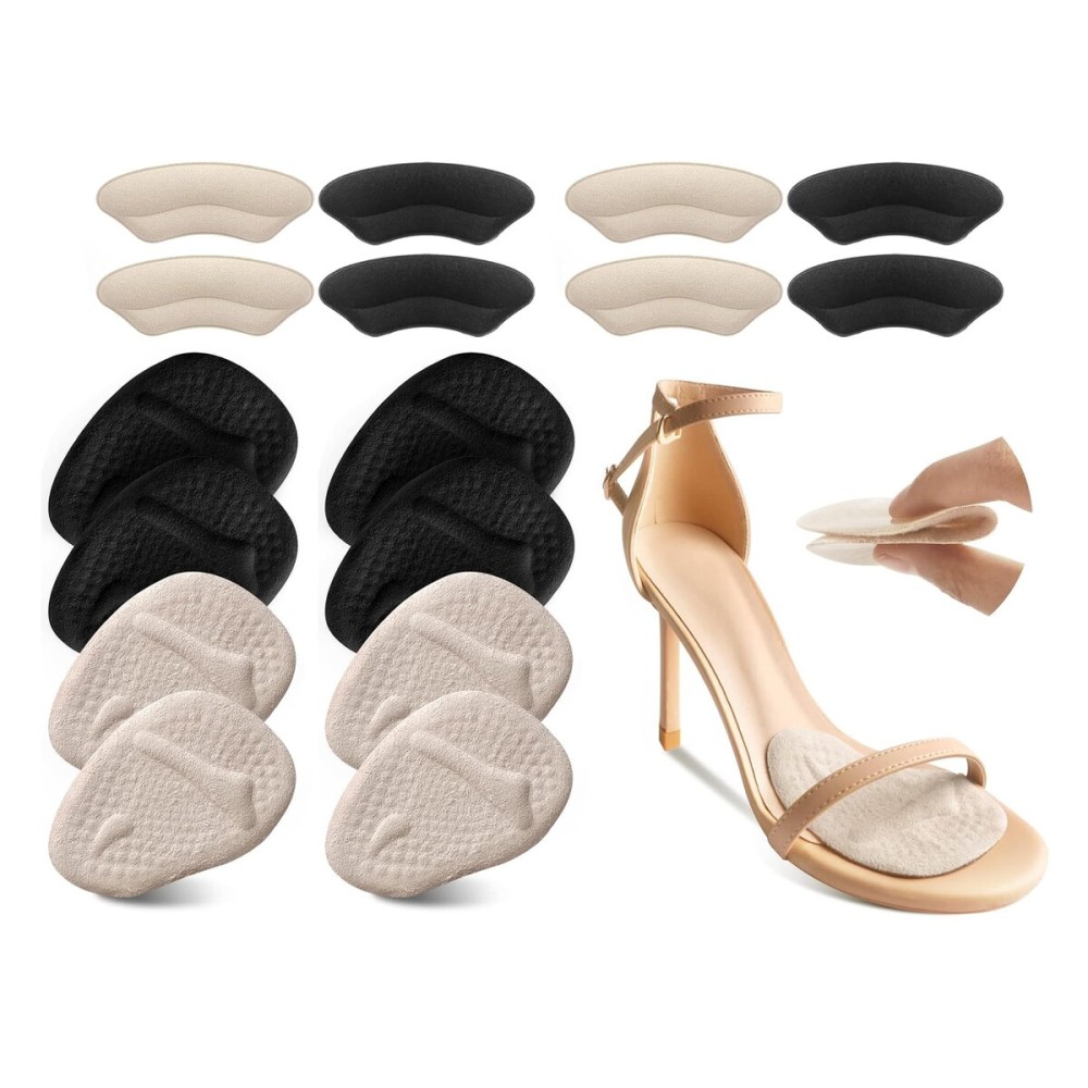 Riootlnm Metatarsal Pads, Ball of Foot Cushions, Heel Pads Inserts for Too Big Shoe, Reduce Foot Pain, No Slip Heel Grips Liners Pads for Loose Shoe, Blisters (8PairsBeige+Black)