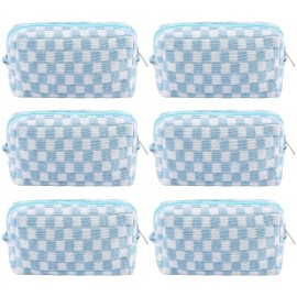 ZLFSRQ 6Pcs Checkered Pencil Case Cute Pencil Pouch for Teens Checkered Makeup Bag Blue Medium Travel Cosmetic Bag Makeup Pouch for Purse Aesthetic Trendy Zipper Toiletry Bags Organizer