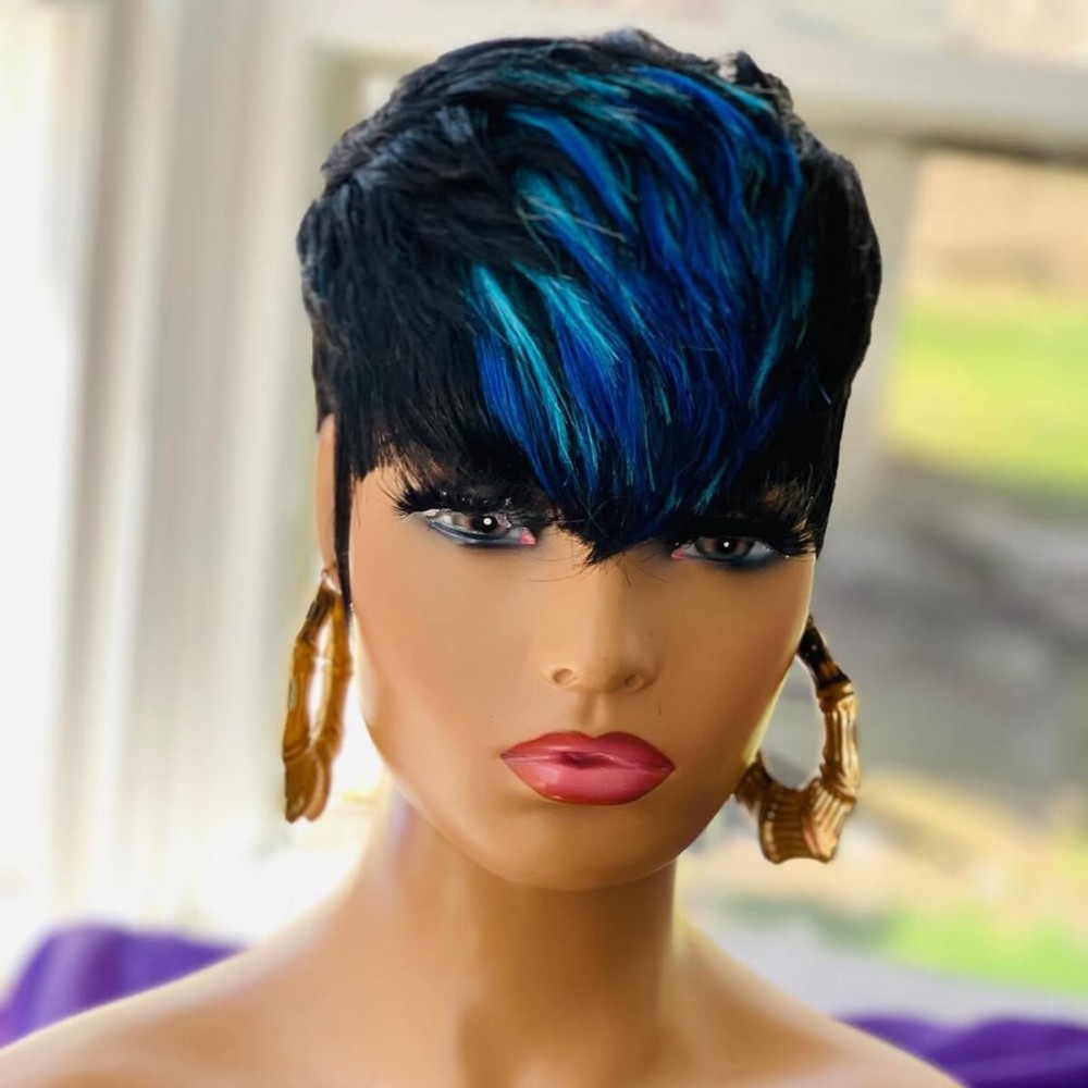 QiaQiaRing Pixie Cut Wigs for Black Women 1b/Blue for Summer Daily Use Color Short Layered Pixie Cut Human Hair Wigs With Bangs Glueless Full Machine Made Brazilian Virgin Straight Human Hair