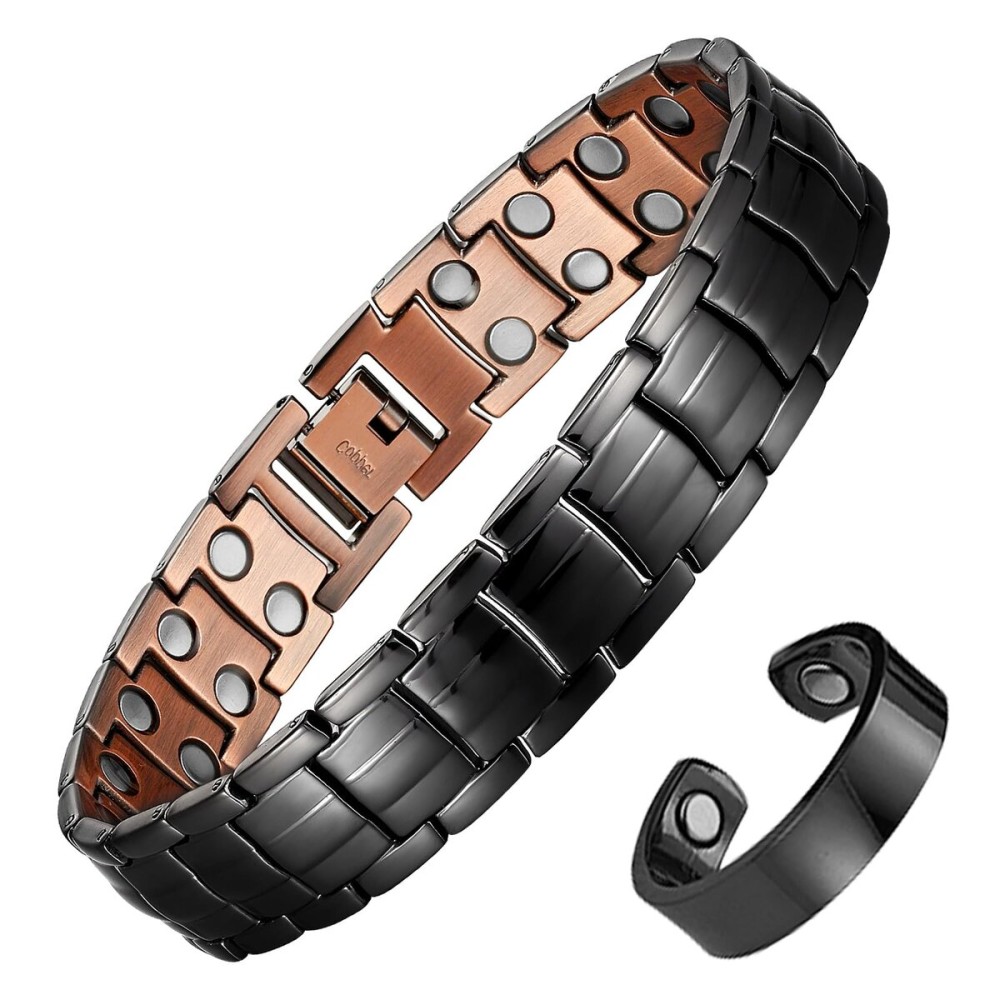 MagEnergy Mens Copper Magnetic Bracelets & Lymphatic Drainage Ring, 99.9% Pure Copper Bracelet with Double-Row Strength Magnets, Adjustable Jewelry with Sizing ToolBlack