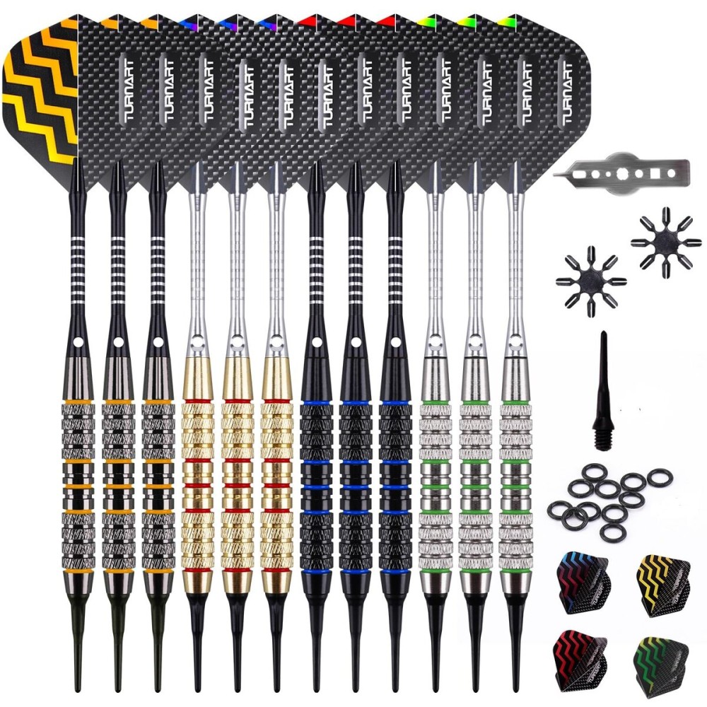 Turnart Darts Plastic Tip - Professional Soft Tip Darts Set for Electronic Dartboard 12 Pcs 18 Grams with 50 Extra Tips 24 Flights 2 Flight Protctors and Tool Kit Gift Darts (Tungsten)