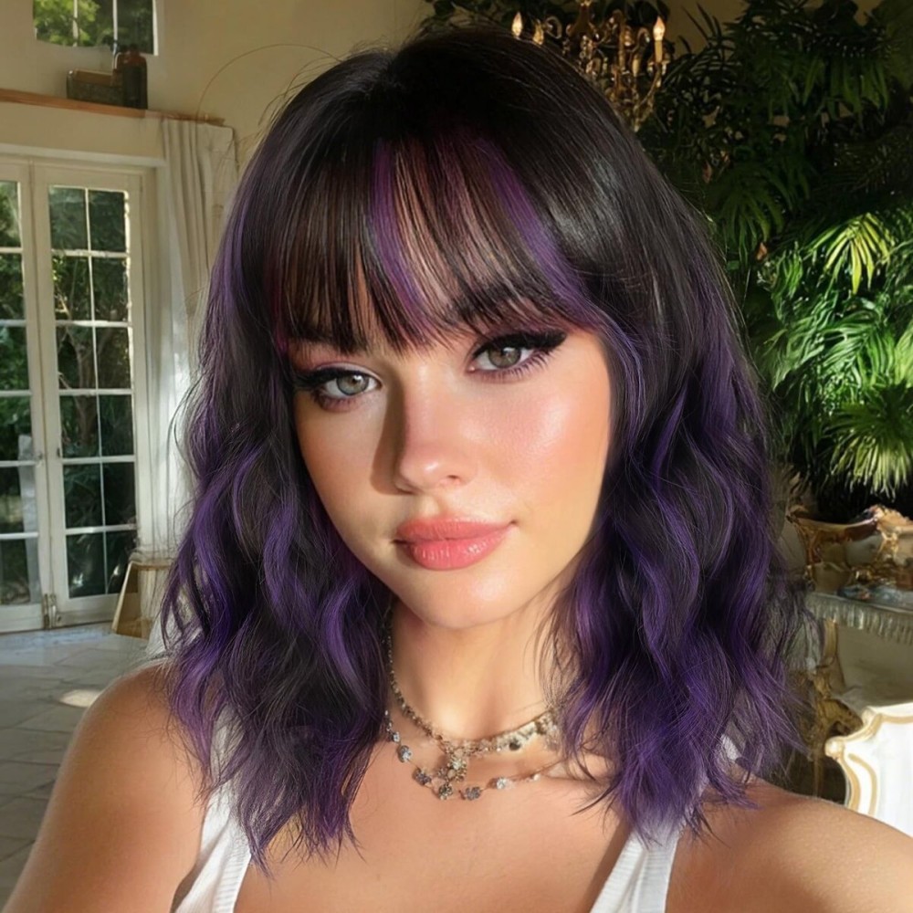 Nnzes Short Wavy Bob Wig with Bangs for Women Shoulder Length Curly Dark Brown with Purple Synthetic Heat-Resistant Fiber Hair for Daily & Party Use